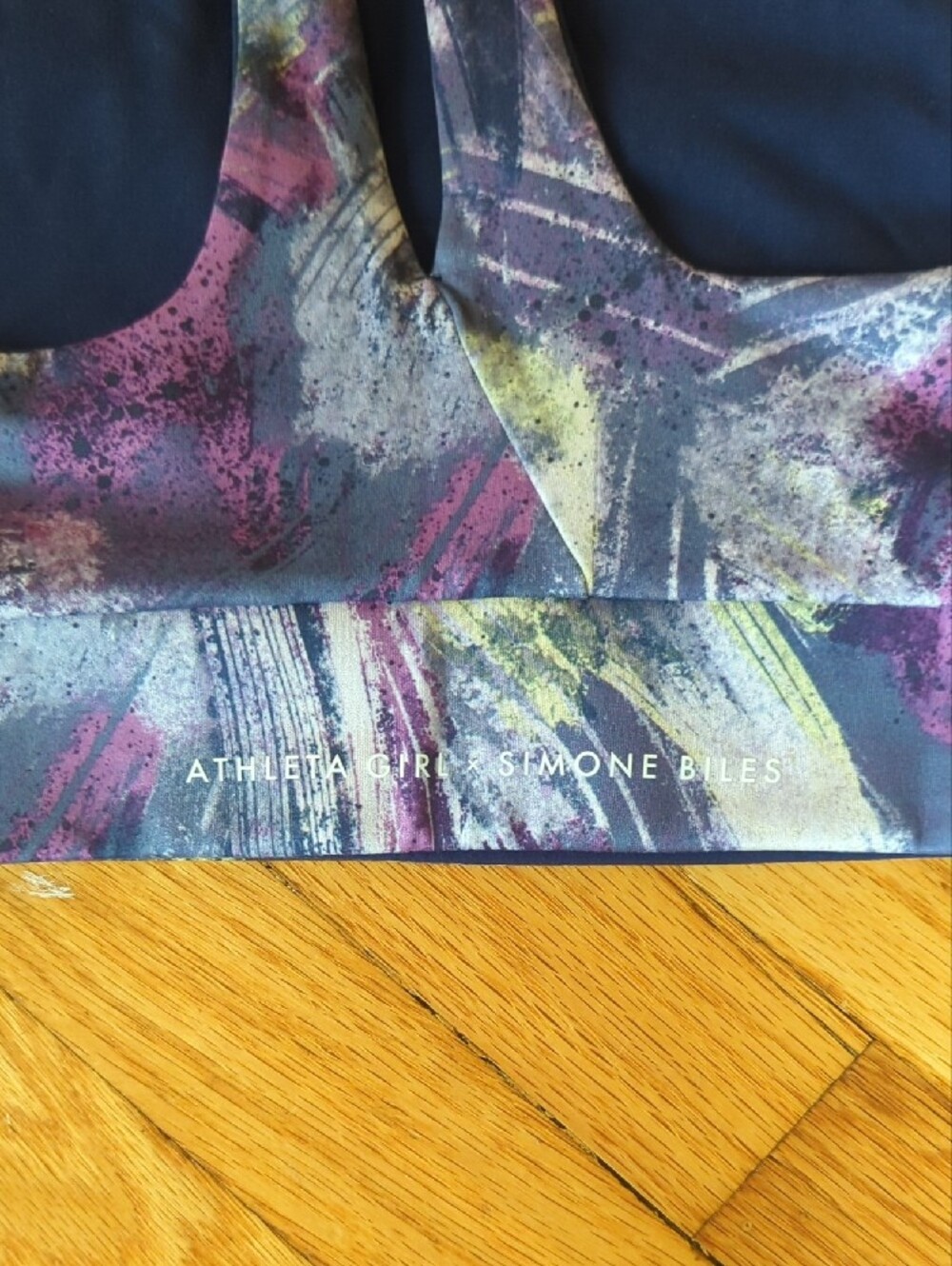 Athleta High-Neck Sports Bra in Purple, Navy & Yellow Brushprint - Picture 3 of 3